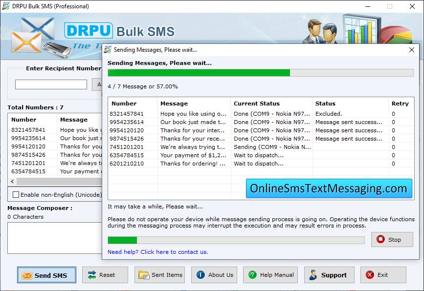 GSM mobile phone messaging utility, sends bulk SMS from PC, text message sending application, bulk SMS messaging program, mobile text messaging software, forward unlimited SMS via PC, text message sending application