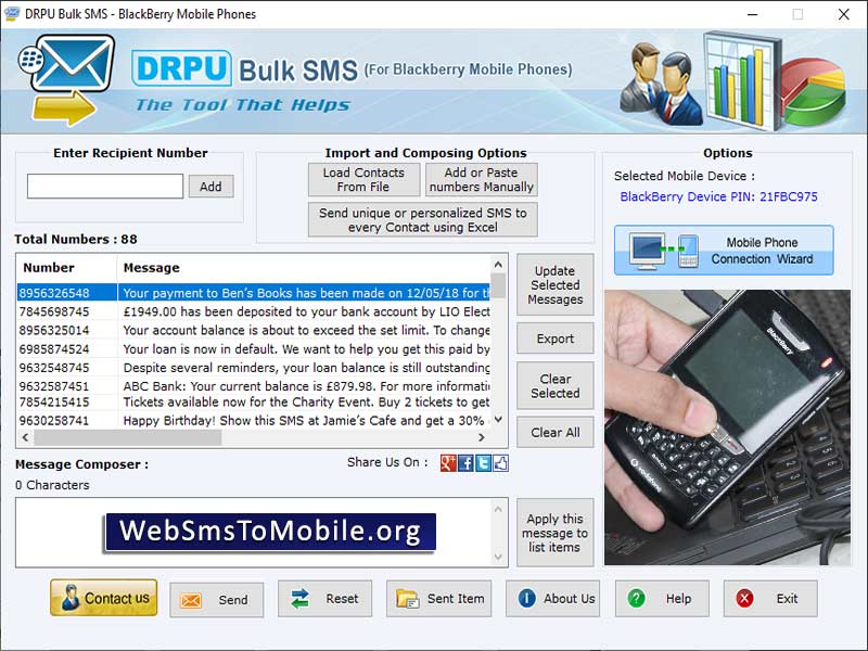 blackberry, bulk, SMS, software, transfer, business, promotional, deliver, emergency, meeting, forward, interviews, call, compose, message, Unicode, language, broadcast, stander, notification, alert, computer, laptop, system, internet, connection