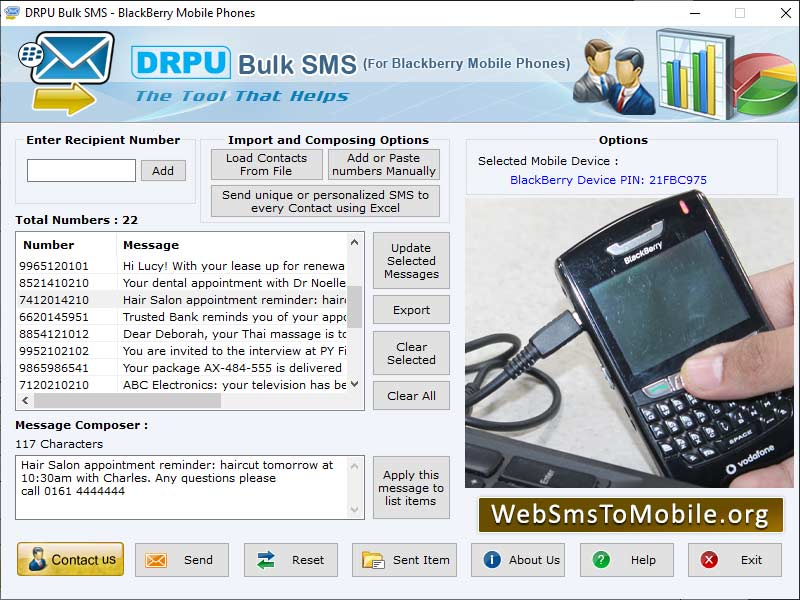 Bulk message sending application SMS, message broadcasting software, Blackberry text messaging utility, SMS broadcasting application, PC to mobile SMS messaging, sends text message from PC, Blackberry message forwarding utility