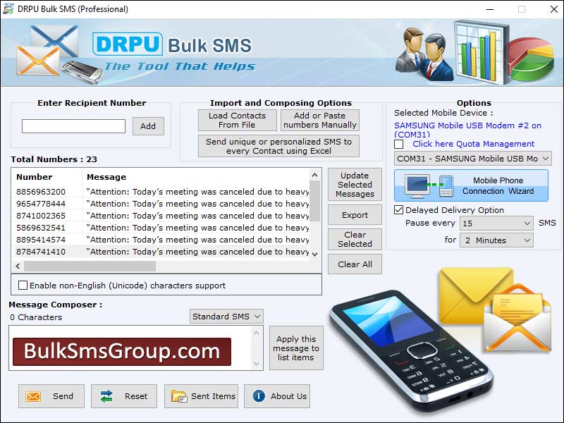 Free, download, professional, version, GSM, compatible, bulk, SMS, application, sends, transmit, messages, Worldwide, location, program, skips, duplicate, phone, number, entries, import, contacts, details, text, Excel, sheet, messaging, purposes