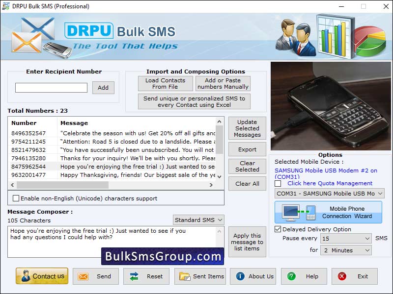 GSM mobile messaging software, Windows bulk SMS program, broadcasts text messages, text messaging tool, download bulk messaging tool, Text messaging tool, transfer text messages, bulk messaging application, instant send messages program