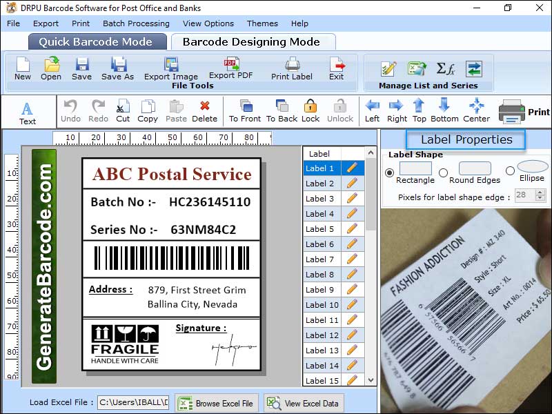 Posting, Barcodes, Maker, program, create, bulk, linear, 2D, coupon, baking, post, office, industry, application, generate, produce, tags, label, image, designing, object, pencil, circle, rectangle, ellipse, utility, make, design, sticker, text