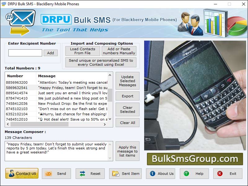 Download, free, blackberry, bulk, messaging, software, program, utility, support, Unicode, characters, save, sms, template, folder, send, deliver, forward, broadcast, instant, text, messages, multiple, mobile, numbers, internet, connections