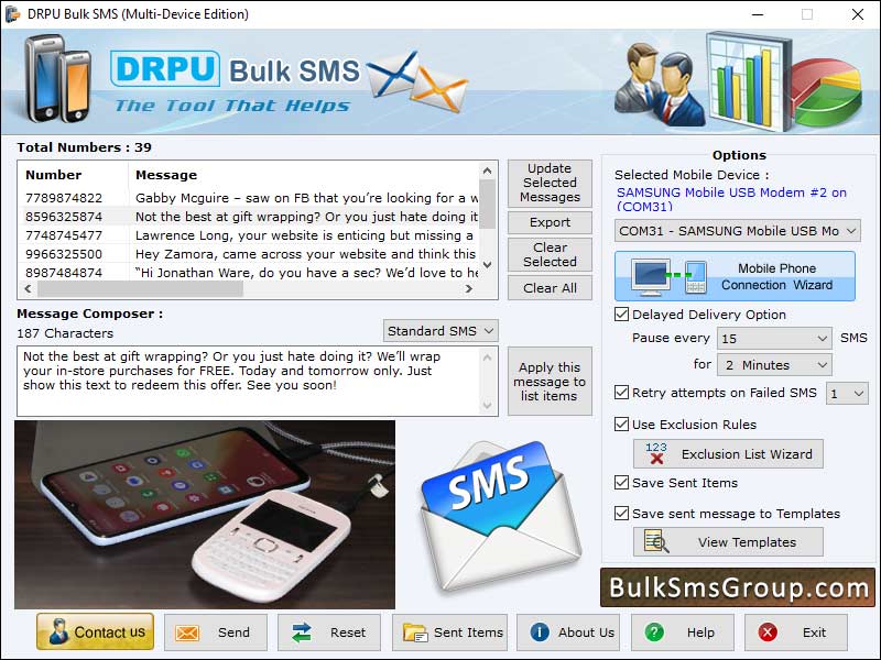 Mobile, group, text, sms, application, send, deliver, job, alert, business, information, product, promotion, personalized, message, multiple, computer, system, load, skip, duplicate, entries, national, international, broadcast, cell, phone, network
