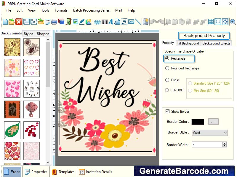 Generate, greeting, card, software, create, print, wedding, birthday, photo, color, shape, size, style, image, designing, objects, circle, pencil, rounded, rectangle, triangle, arc, star, line, ellipse, gradient, quarter, fold, text, template