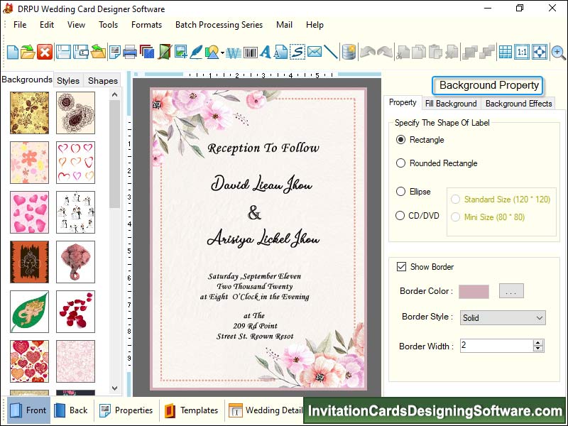 Wedding, Card, Software, make, colorful, invitation, rounded, rectangle, ellipse, insert, image, add, clipart, WordArt, signature, barcode, text, value, design, Marriage, shape, size, color, font, generate, bulk, create, multiple