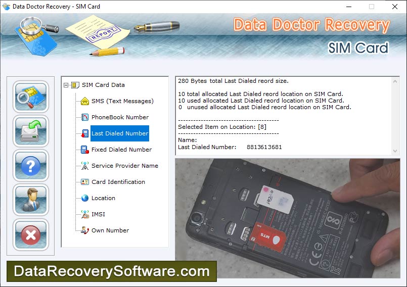 Sim, card, data, recovery, software, backup, GSM, call, record, virus, corrupted, text, inbox, outbox, deleted, message, undelete, program, restore, forensic, mobile, network, provider, detail, retrieve, ICC, IMSI, dialed, received, contact, numbers
