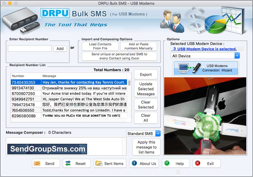 Bulk SMS for Mac program, bulk SMS software, text message application, Mac bulk SMS tool, mass message application, advance USB messaging software, Mac sms broadcasting tool, delivers text messages, broadcasts product advertisements