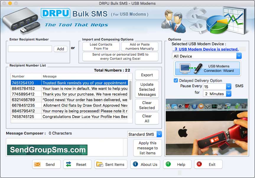 Mac modem SMS software, broadcast multiple numbers of messages, delivers unlimited job notifications, transfer group personalized text, compose and dispatch seasonal greetings, USB modem messaging utility, PC to mobile text sender tool