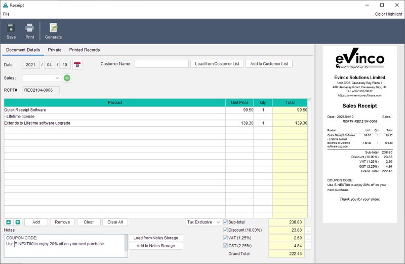 sales receipt, receipt software, pos receipt, thermal receipt, thermal printer, sales receipt software